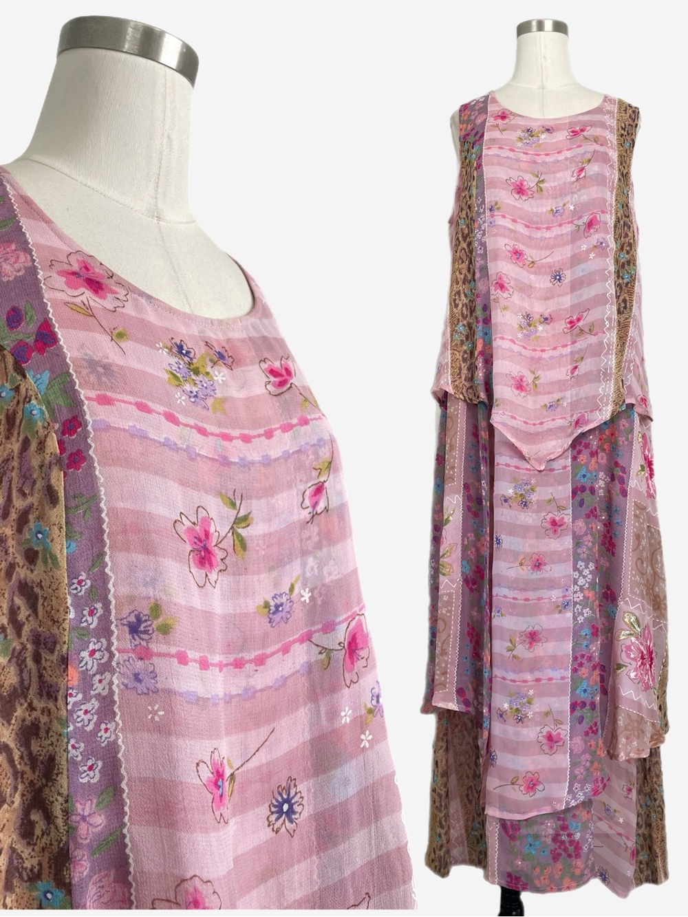 Vintage Y2K Phool Pink floral leopard patchwork layered maxi dress boho fairy M
